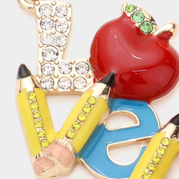 LOVE Teacher Dangle Earrings Pencil Apple School Gift Rhinestone Crystal Drop - Picture 2 of 3